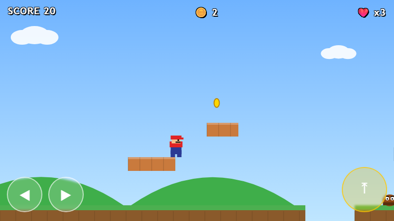 A bright pixel platformer under a blue sky: the player stands on a brick ledge with a coin above, grassy hills behind and an enemy approaching from the right.
